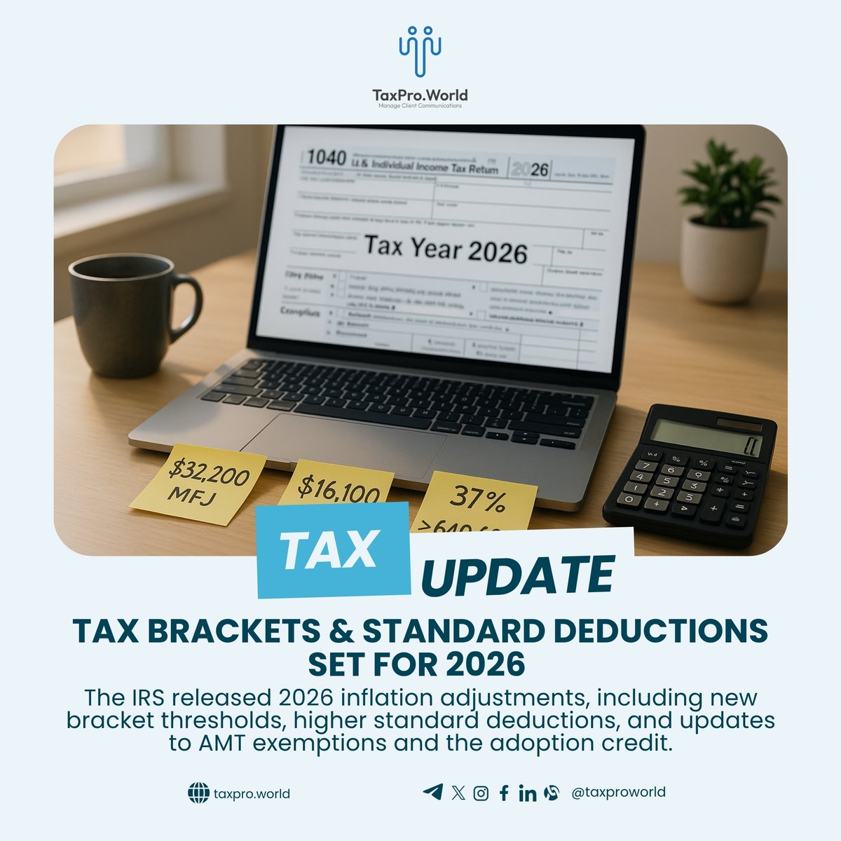 TaxproWorld's tweet photo. IRS 2026 updates: 37% over $640,600 (single) / $768,700 (MFJ) / $384,350 (MFS).

Standard deduction: $16,100 (single/MFS), $32,200 (MFJ), $24,150 (HoH).

Seniors: +$2,050 single / +$1,650 married. AMT &amp; adoption credit up.

📬 https://t.co/0lZyAXDu3M

#Tax2026 #IRS #TaxBrackets https://t.co/F8T08AIcdx