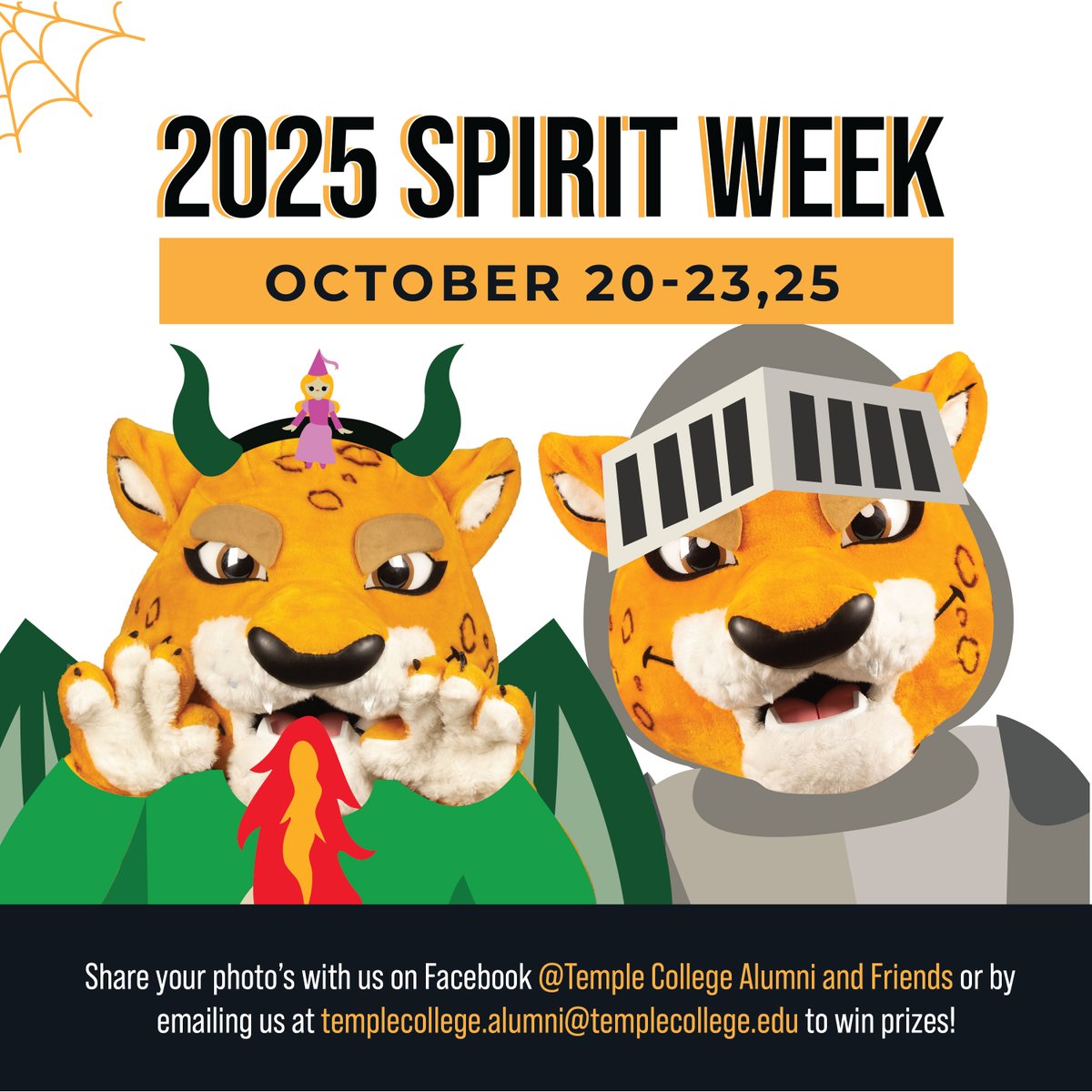 TempleCollege's tweet photo. It's time for Spirit Week! This year we have some fun things planned in the week leading up to the Ruth Bridges Fall Fest. Each day the Circle of Support will be giving out prizes for the best costume so snap a pic and send them to their Facebook page @Temple_College_Alumni_and_Friends_Association or email templecollege.alumni@templecollege.edu. I hear they've got some cool stuff this year so don't forget to send in your submission!

The themes for each day are:
Oct. 20- "Spots Up" Leopard Pride Day: Strut your stuff in classic leopard spots or your best Temple College gear!

Oct. 21- Team Spirit Tuesday: Rep your favorite athletic team's gear! We're talking jerseys, t-shirts, hats, foam hands, whatever shows the world that you're cheering for your #1!

Oct. 22- "Blackout Tailgate" Game Day: Rock your favorite Temple College gear as we cheer on our Lady Leopards Volleyball Team! The game will start at 6:00pm and will be at the Kirby Johnson Court. Come a bit earlier and there will be a tailgate with free hot dogs and nachos (while supplies last)! 

Oct. 23- Fiction or Fact Costume Day: Dress up as your favorite fictional or real-life character. From superstars to superheroes, we wanna see your amazing outfits!

Oct. 25- Ruth Bridges Fall Fest: Our annual fall celebration with games, candy, and more for people of all ages! We look forward to seeing everyone!

We look forward to seeing everyone's creativity and school spirit!

#TempleCollege #YourCommunitysCollege #SpiritWeek #RuthBridgesFallFest #TempleCollegeAlumniAssociation #TempleCollegeCircleofSupport