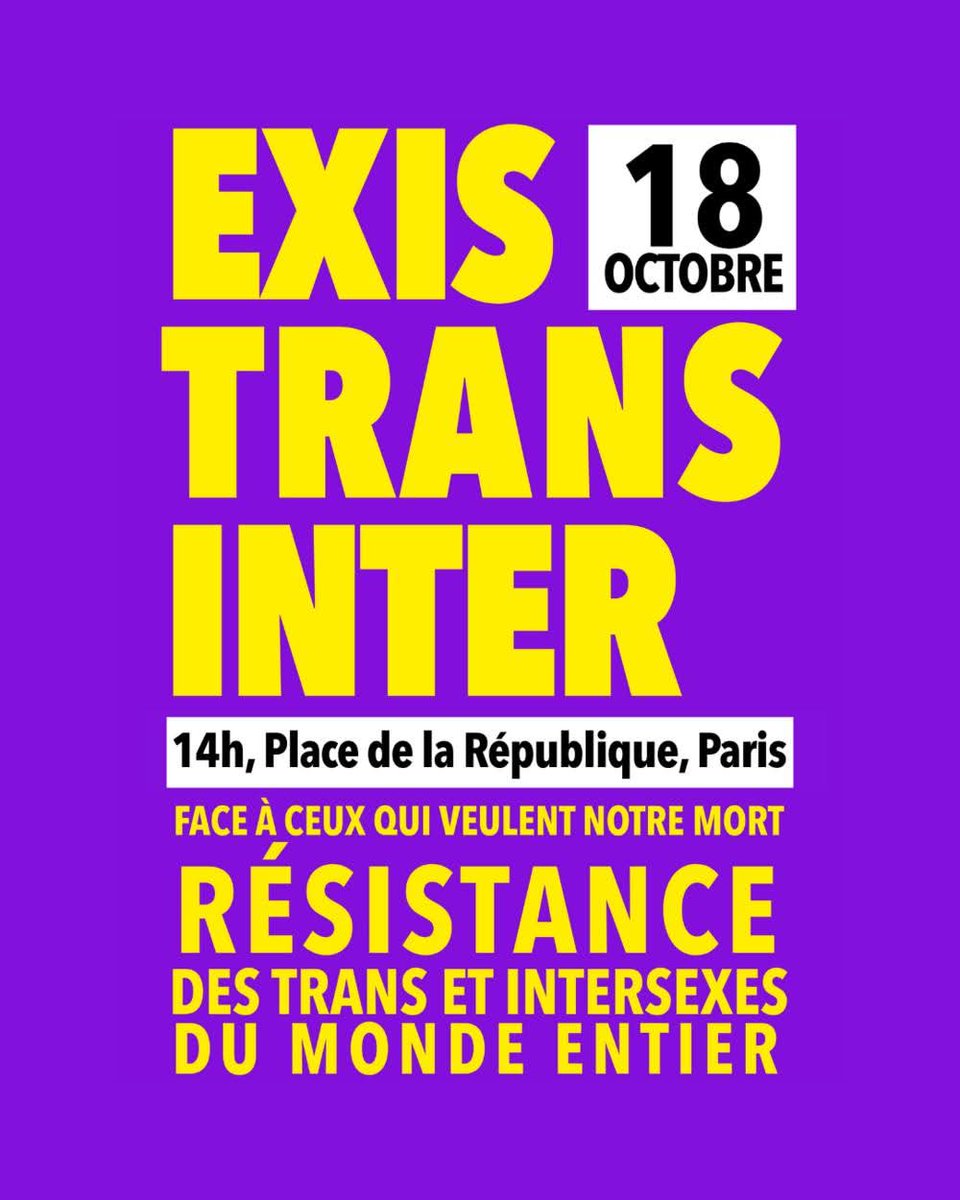 MSolidarites's tweet photo. Face aux racistes et aux anti-trans, solidarité dans la lutte !

🤜Samedi 18 octobre Place de la République manifestation pour l'ExisTransInter ! https://t.co/TpoKrGDYwI