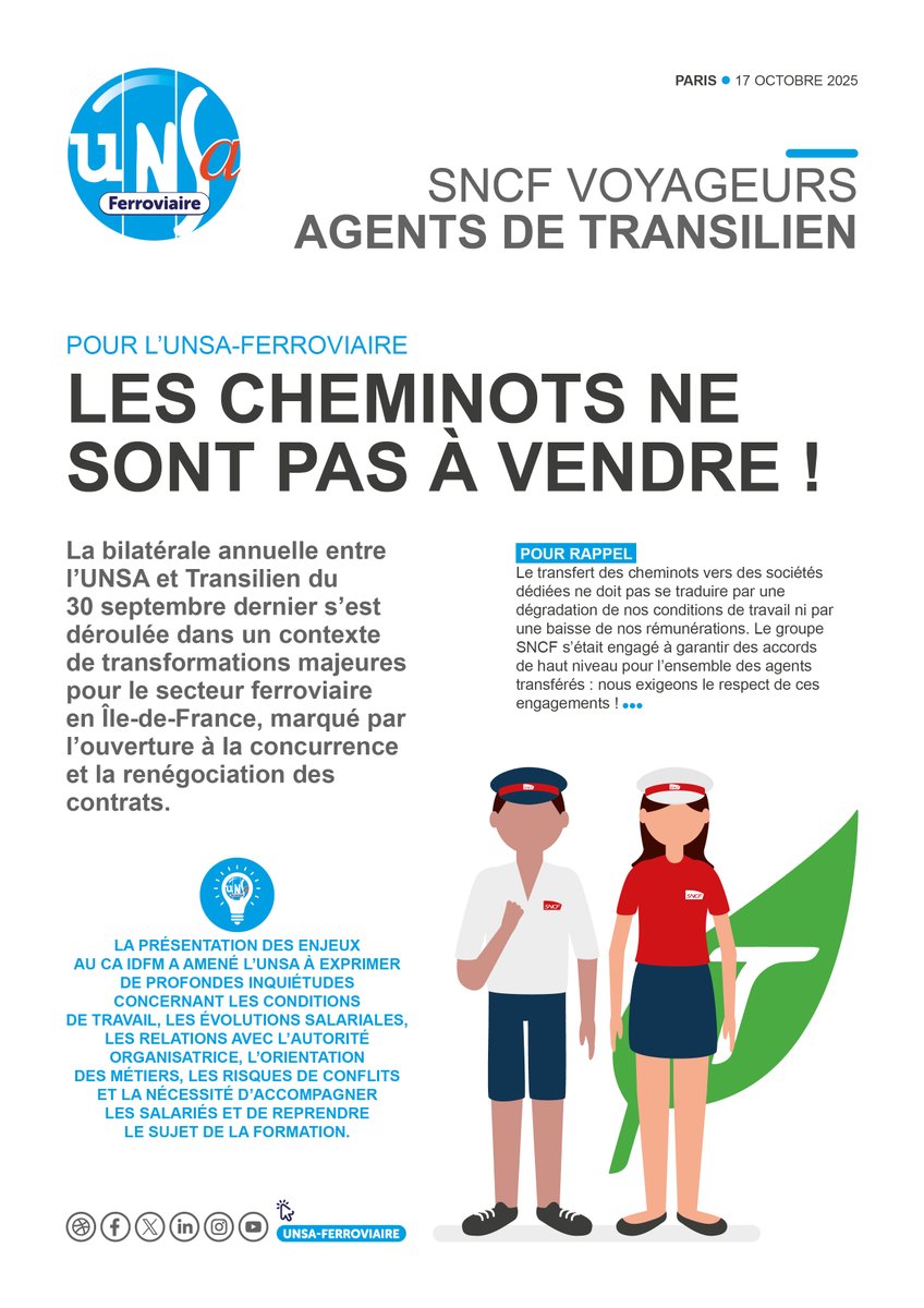 // SNCF VOYAGEURS // Concurrence des lignes #Transilien : pour l'<a href="/UNSAFerro_Off/">UNSA-Ferroviaire</a>, les cheminots ne sont pas à vendre ‼️ #NosRevendications 

En savoir plus ▶ tinyurl.com/yh5papry