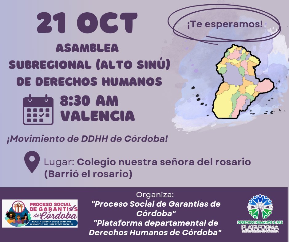 #AsambleaSubregionalDDHH  
¡Nos vemos en Valencia! 
Este 21 de octubre en la "Asamblea subregional (centro) de Derechos Humanos". 
Detalles en la foto 👇