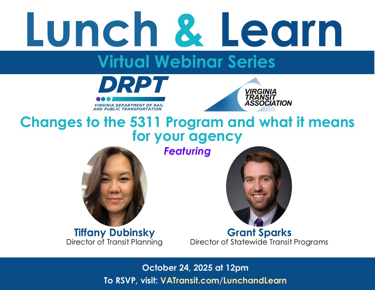 VaTransitAssoc's tweet image. Come join us this time next week for our #LunchAndLearn series with @VirginiaDRPT! In this free &amp;amp; virtual #transit webinar, we will be reviewing the changes to the 5311 program &amp;amp; how that impacts agencies. Don&apos;t miss it! 

Register now at us06web.zoom.us/webinar/regist…