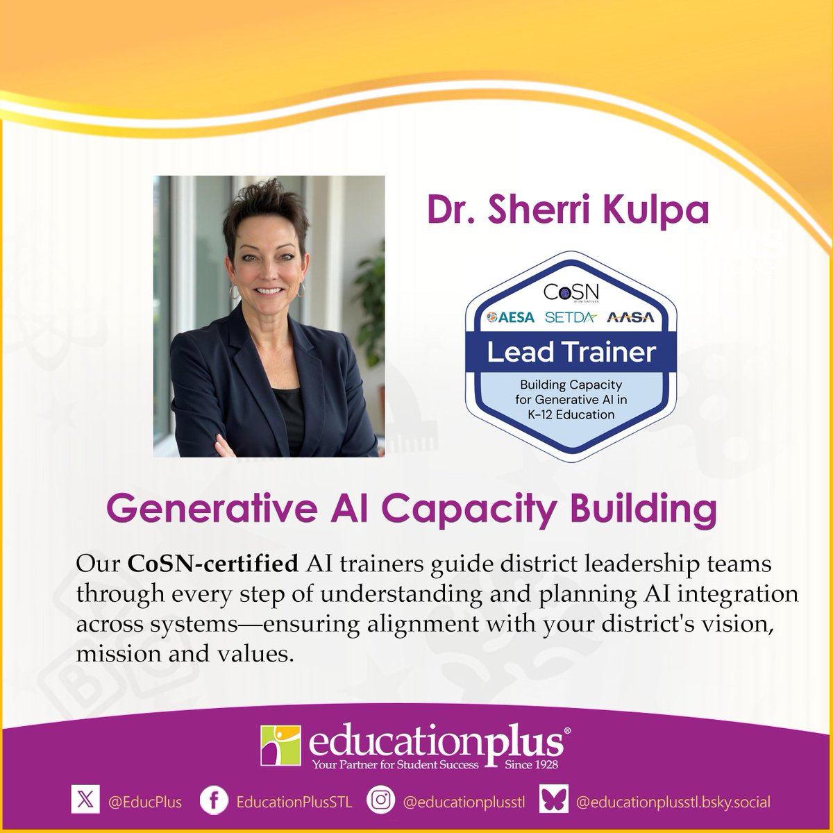 EducPlus's tweet photo. #EdPlus is proud to lead Missouri’s only CoSN-certified AI training program for #K12! 
With Lead Trainer Dr. Sherri Kulpa &amp; Regional Trainer Dr. Erin Lawson, we’re helping districts build capacity for generative AI to drive innovation &amp; improve outcomes. 
https://t.co/ANYFj66t8O https://t.co/KFQbDtbsDD