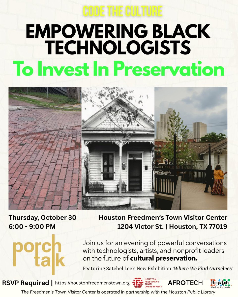 freedmenstowntx's tweet image. We're excited to present Code the Culture: How Black Technologists Are Reshaping Preservation in partnership with the annual @AfroTech Conference and Black At Microsoft.
🔗 Learn more & register: posh.vip/e/code-the-cul…
In partnership with @Blavity and @AfroTech