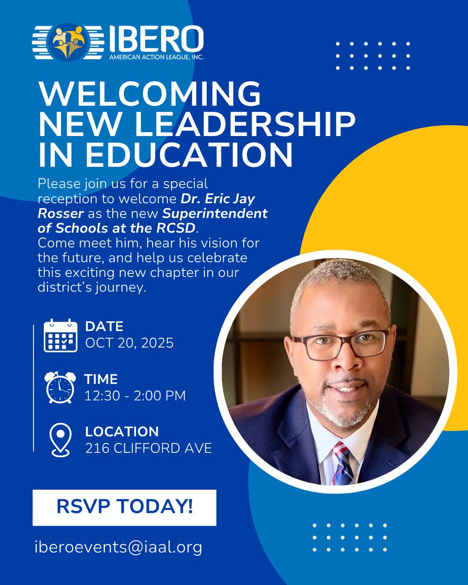 IberoRoc's tweet image. Join us as we welcome Dr. Eric Jay Rosser, the new Superintendent of Schools at RCSD, at a special reception hosted by Ibero. 🎉✨

To RSVP email iberoevents@iaal.org today!

#NewLeadership #EducationMatters #RCSD #RochesterNY