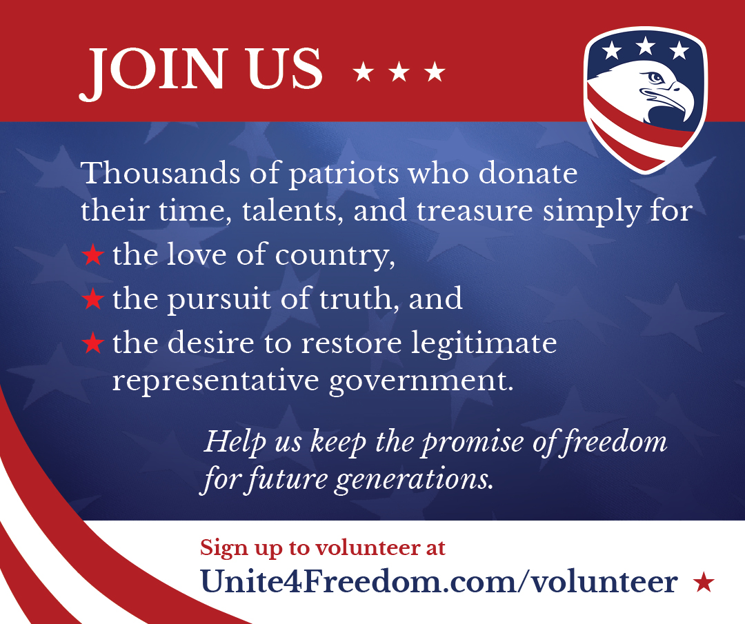 Unite4Freedom's tweet photo. Volunteers are the key to the success of Unite 4 Freedom.  

Check out why Kristin M. from Florida from got involved - 

"I first heard about Unite4Freedom (U4F) from a friend while serving together on the Palm Beach County Republican Executive Committee's Election Integrity Panel. 

In September 2023, he asked, "Do you want to go to St. Louis?" 
 
I said no—until he told me he had heard a powerful Zoom speech and believed U4F might be the "silver bullet" for fixing our elections.  U4F is serious about restoring election validity and has the right people to make it happen. 

Knowing how much I care about legitimate, representative government, he encouraged me to attend their first national conference. What convinced me to get involved was the moment the leader stood on a chair in a private steakhouse dining room to speak. I felt something providential was happening—that this group of strangers was brought together for a real purpose. 

I couldn't wait to join.

Since then, I've been active in social media outreach, fundraising, advocacy, email campaigns, resolution presentations, volunteer support, contacting local officials, sharing materials at community events, and leadership at the state level.
 
I support U4F because I believe our God-given freedoms depend on a government that truly represents the people. U4F is quickly becoming a leader in election validity: we've filed 9 federal lawsuits, presented resolutions to over 500 local governments, and built relationships with senators, congressmen, and U.S. attorneys.
 
If you're thinking about joining, know this: Every volunteer commits to supporting and respecting each other as we work together toward real change. It's incredibly rewarding to be part of a group with strong leadership and a clear mission. "

Unite 4 Freedom stands for Real Voters, Real Votes, Real Counts, Real Proof.
 
** Do YOU want to be part of history?  Consider joining us!  https://t.co/XlnYXBWqzk  **