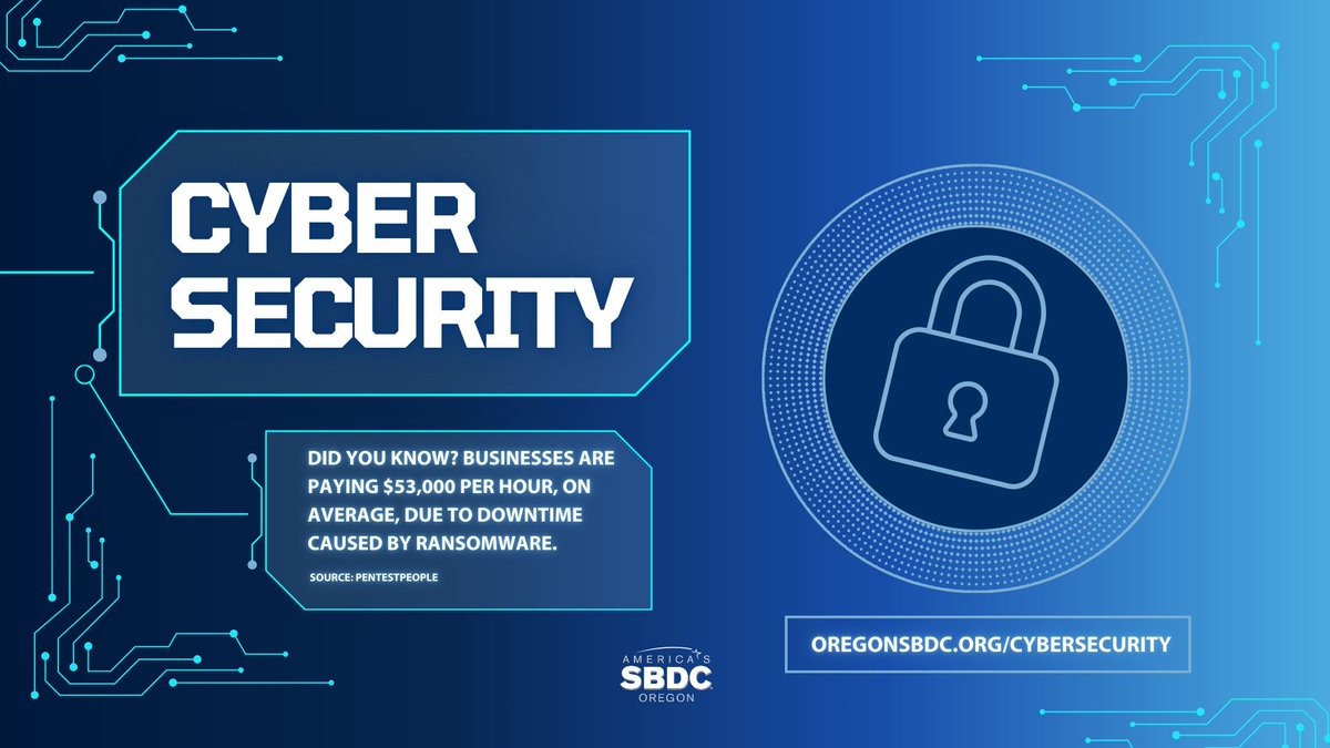 OregonSBDC's tweet image. Did you know businesses pay an average of $53,000 per hour* in downtime after a ransomware attack?

Don’t wait until it’s too late. Connect with the Oregon SBDC Network for cybersecurity advising: buff.ly/m5VAl0p 

Source: PentestPeople

#CybersecurityPlan #OregonSBDC