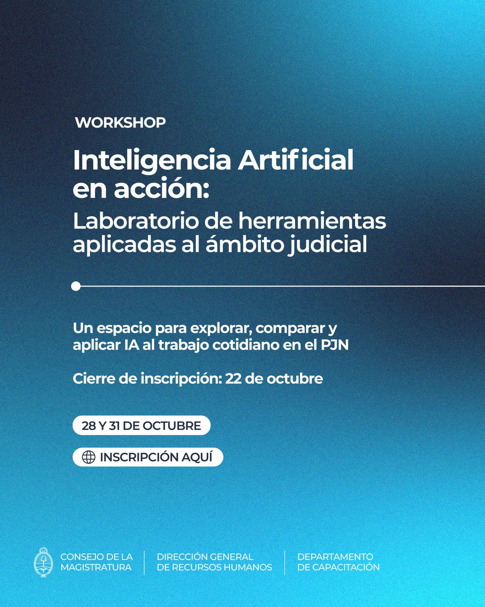 Vuelvo a participar del Workshop “Inteligencia Artificial en Acción” del @cmagistratra
El 31 de octubre voy a dar mi charla sobre Claude: de la exploración a la práctica cotidiana
Inscripción abierta 👇
🔗 docs.google.com/forms/d/e/1FAI…
#InteligenciaArtificial #PJN #Capacitación