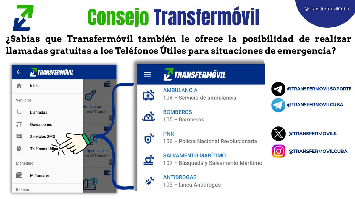 ¿Sabías que #Transfermóvil también le ofrece la posibilidad de realizar llamadas gratuitas a los ☎️  Teléfonos Útiles para situaciones de emergencia?
Para ello debe acceder al menú Servicios 👉 Teléfonos Útiles.