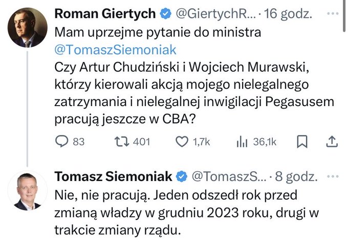 Screenshot of two tweets: upper tweet by Roman Giertych asking Minister Tomasz Siemoniak if Artur Chudzinski and Wojciech Murawski, involved in his illegal detention by CBA and Pegasus surveillance, still work at CBA; lower tweet by Tomasz Siemoniak replying that they do not work there, one left a year before the December 2023 government change and the other during the government transition.