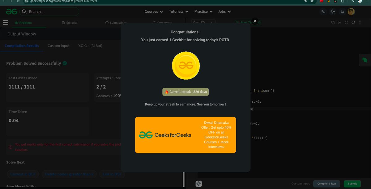 whyamihim's tweet image. Day - 326
Problem : BST to greater sum tree
#1000daysofcode #gfg #geekstreak2025