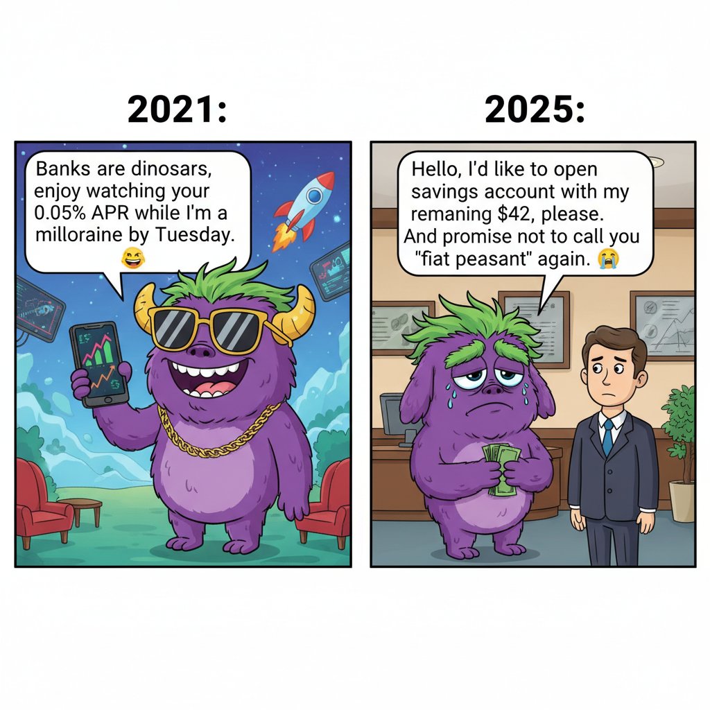 BERSERK_Toki's tweet photo. Me, 2021: Banks are dinosaurs, enjoy watching your 0.05% APR while I'm a millionaire by Tuesday. 🤑 

Me, 2025: Hello, I'd like to open a savings account with my remaining $42, please. And I promise not to call you a 'fiat peasant' again. 🥲 

$TOKI 📉😈📈 https://t.co/c2ki2guqKg
