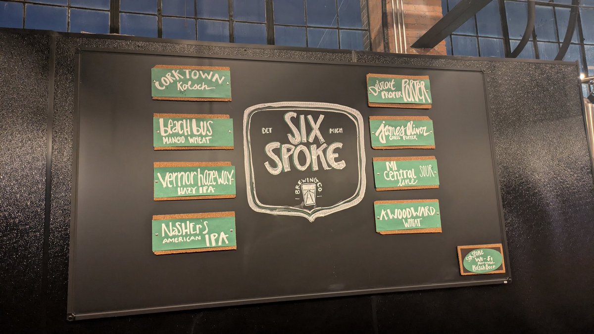 Brewery 1442: <a href="/SixSpokeBrew/">Six Spoke Brewing Co.</a> Detroit, MI. Fav beer: Corktown Kolsch. Wow! Just opened in August, this spot is already cranking out delicious beer inside a wonderful taproom! It previously was a donut factory, and the brewing equipment wraps around the walls under the exposed beams