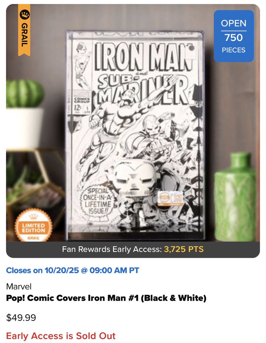 Iron Man Cover is sold out! I guess it’s worth 3,725 points to some. 😂 
Did you get one?
.
#Funko #FunkoPop #Collectibles #Collectible #FunkoPops #Collector #Toy #Toys #DisTrackers