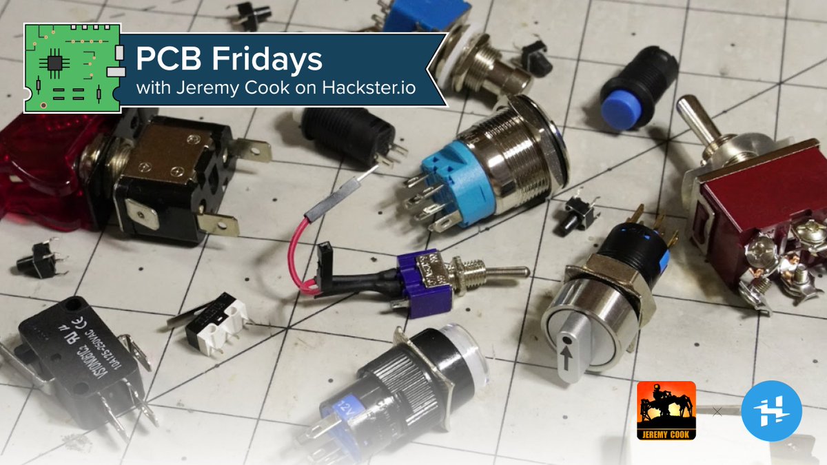 Hacksterio's tweet image. In this week's PCB Friday article, Hackster Pro @JeremySCook shares a guide to button and switch fundamentals that you need to know but were too afraid to ask: hackster.io/news/pcb-frida…