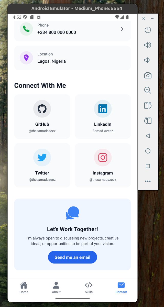 thesamadazeez's tweet image. 🚀 Completed Stage 0 of the #HNGi13 Mobile Track!
Built my Portfolio App with React Native & Expo 💻 ✨ Features:
About & Contact sections
Light/Dark theme toggle 🌗
Clean, modern UI
🔗 Preview my app: appetize.io/app/b_rcalwyj5…
#HNGMobile #ReactNative #HNGi13 #MobileDev