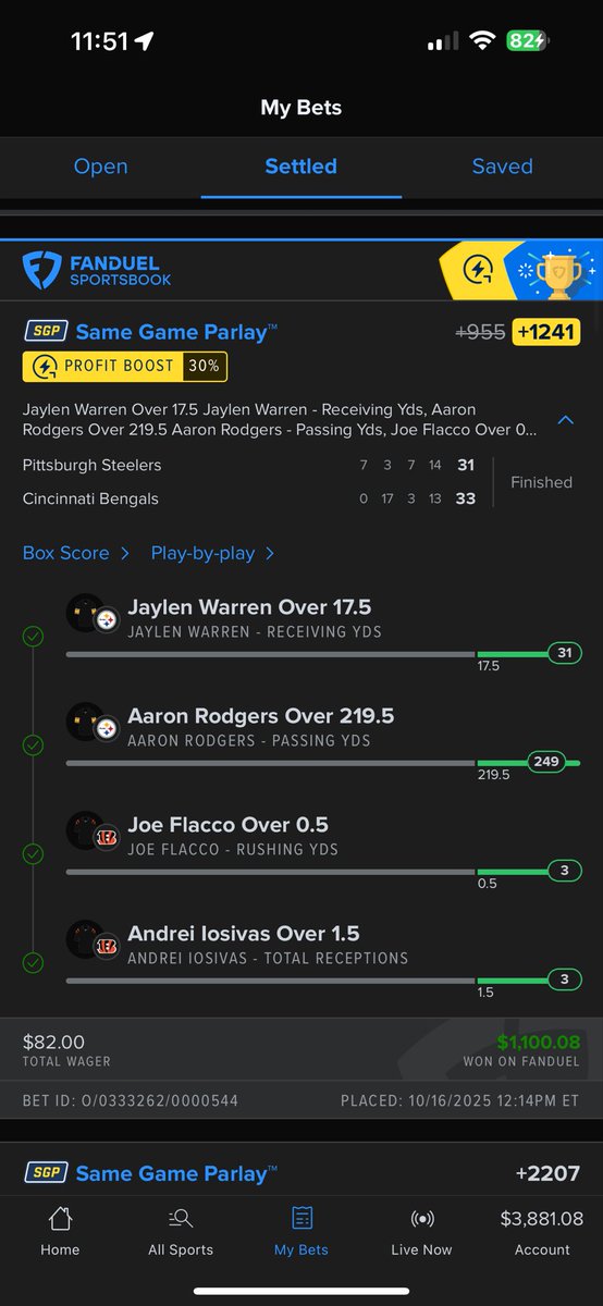 DirtyMurtBets's tweet image. Another SGP cooked to perfection 🧑‍🍳
+1241 ✅
I study matchups so you don’t have to — who wants the next one? 👀💰
#DirtyMurtBets #NFL #ThursdayNightFootball