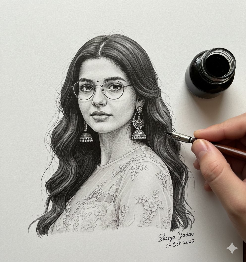 ShreyaYadav___'s tweet image. 🍁 Try this Black ink Sketch Art 🍁
Use Google Gemini ai 🍁
Send your edit result in comment section 🍁
Prompt 👇
Hyper-realistic monochrome ink 3D illustration — a 99.99% accurate portrait from the reference photo, drawn with black ink on textured white sketch paper.…