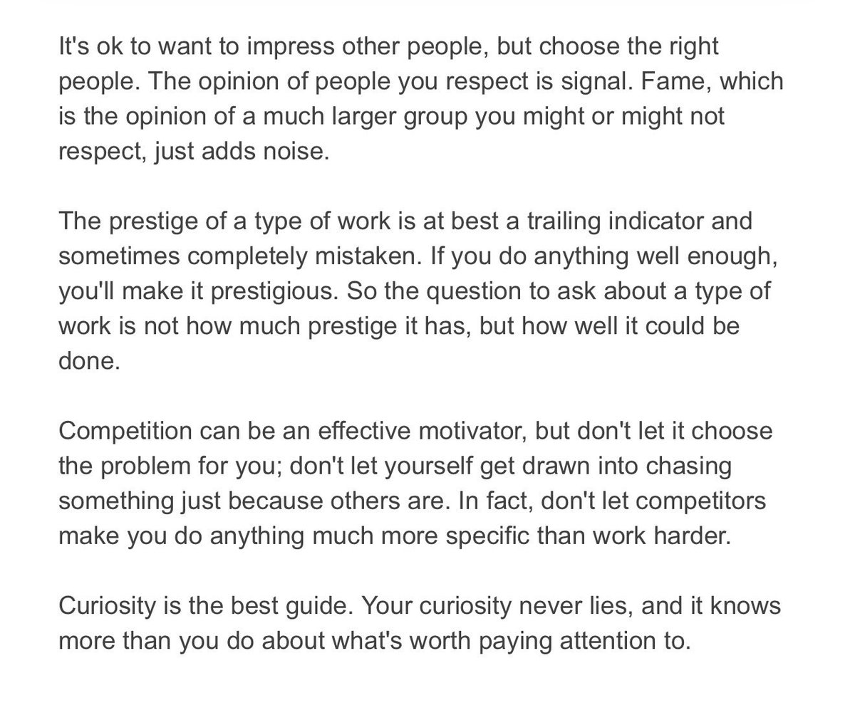 ycombinator's tweet image. “Curiosity is the best guide. Your curiosity never lies, and it knows more than you do about what’s worth paying attention to.”
Paul Graham on How to Do Great Work: