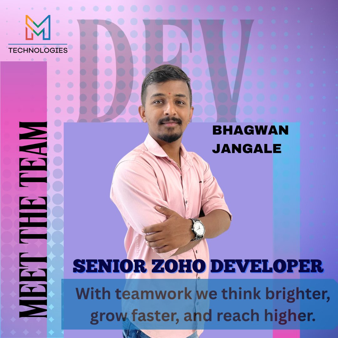 MerajKh13689790's tweet image. Meet Bhagwan Jangale! As a Senior Zoho Developer, Bhagwan is instrumental in building and optimizing the solutions our clients rely on. We&apos;re proud to have him on the team, driving innovation and success.

#TechTalent #DeveloperLife #MTechnologies #ZohoExpert #zohopartner #zoho