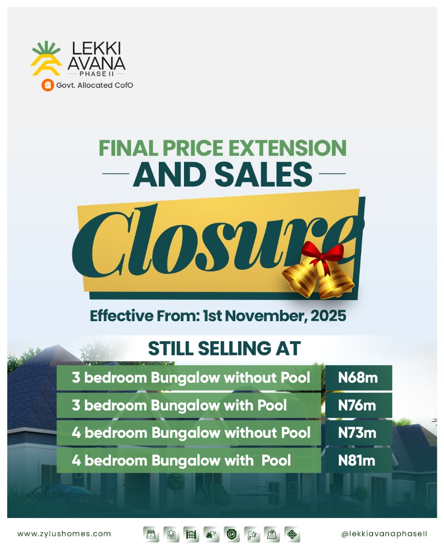 Realfrontline01's tweet photo. 🚨 FINAL PRICE EXTENSION ALERT! Due to popular demand, Lekki Avana Phase II stays open a little longer at the current price! 
This is your last chance to own the most sought-after bungalow in Lagos before prices go up and sales close on Nov 1, 2025!
Don’t miss it  secure your unt https://t.co/Owx8t40vwY
