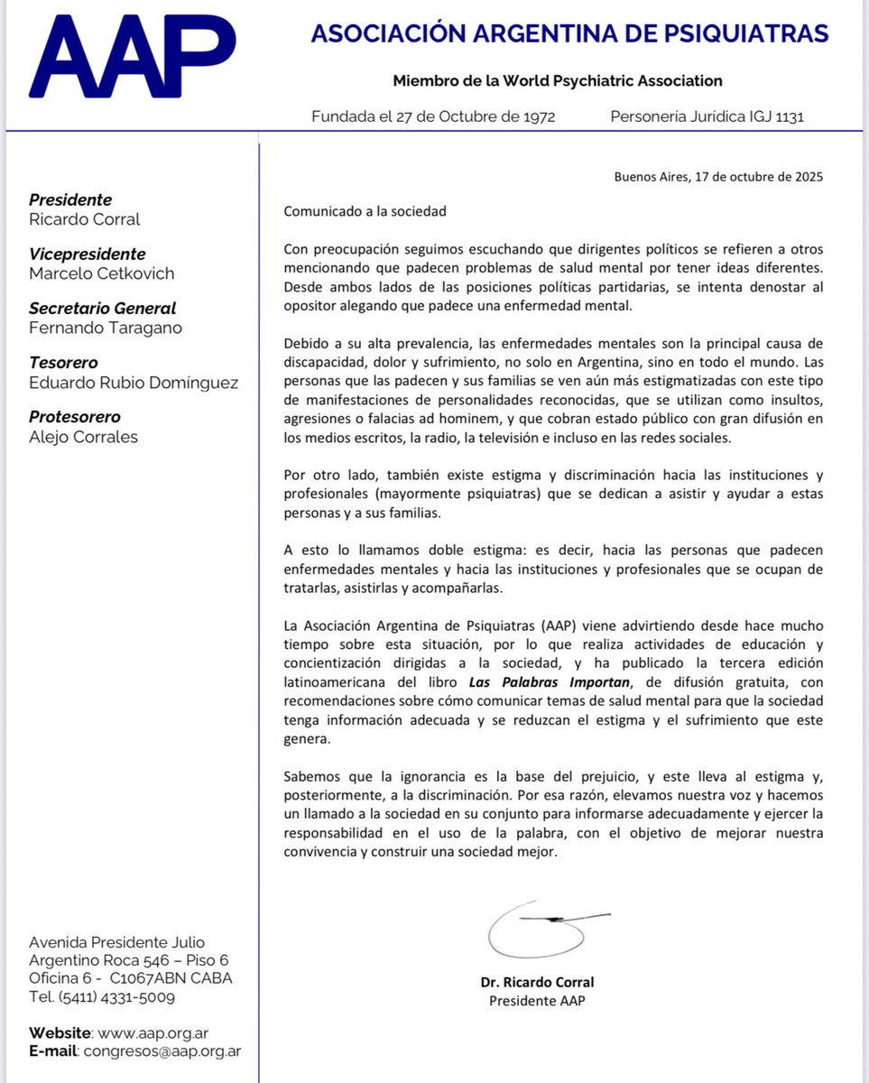 Asociación Arg. de Psiquiatras sobre #enfermedadmental
👇🏼