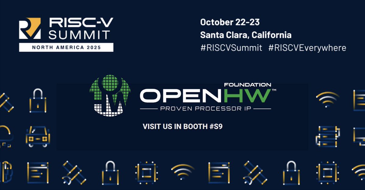 OpenHWFdn's tweet image. OpenHW Foundation is coming to North America!

Join us at the RISC-V Summit, 22-23 October for two days of technical presentations, panel discussions, and collaboration.

Swing by booth #S9 for swag and a chat with the OpenHW Foundation team.

Register: hubs.la/Q03NKl1S0