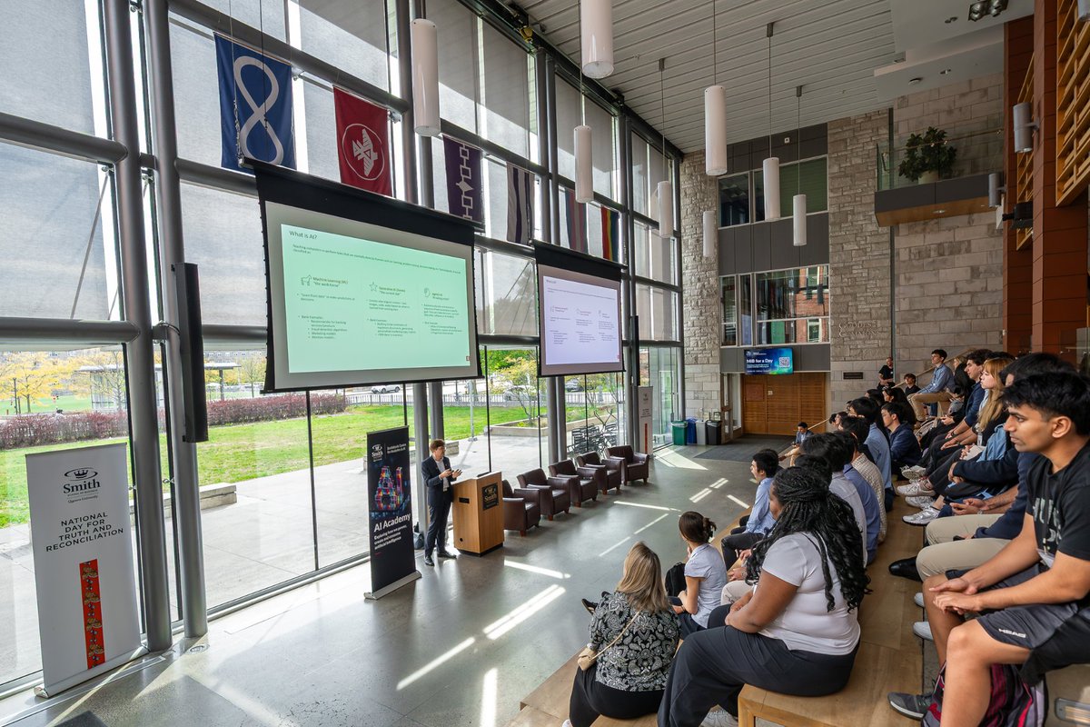 SmithBusiness's tweet image. That’s a wrap on the first-ever #AIAcademy! Hosted by the #ScotiabankCentreForAnalyticsAndAI at #SmithBusiness at @queensu, the Academy brought together students from Commerce, @SmithEngQueens, and @QueensComputing for a fast-paced day of learning, networking, and hands-on…