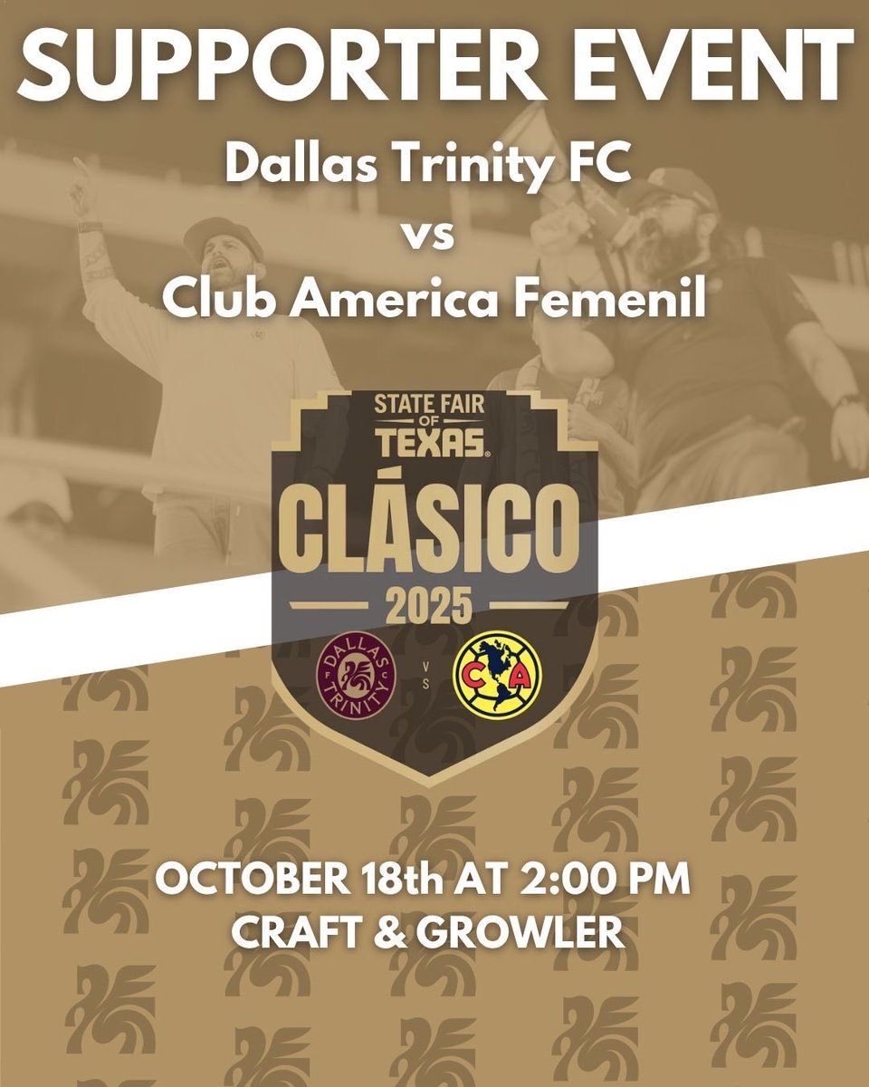 Dallas vs América.
Beer. Chants. Supporter vibes.

📍<a href="/CraftandGrowler/">Craft and Growler</a> 
Sat Oct 18 @ 2PM

⚽️ Pre-game with Trinity Supporters before the State Fair Clásico!

#DallasTrinity #DTFC #StateFairClasico