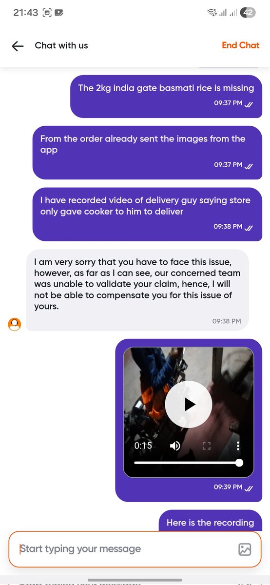 splashingrahul's tweet photo. Chat support clealy denying to give the missing 2kg india gate basmati rice even after I gave the recorded proof to them saying they can validate my claim. https://t.co/olETxL9ujZ