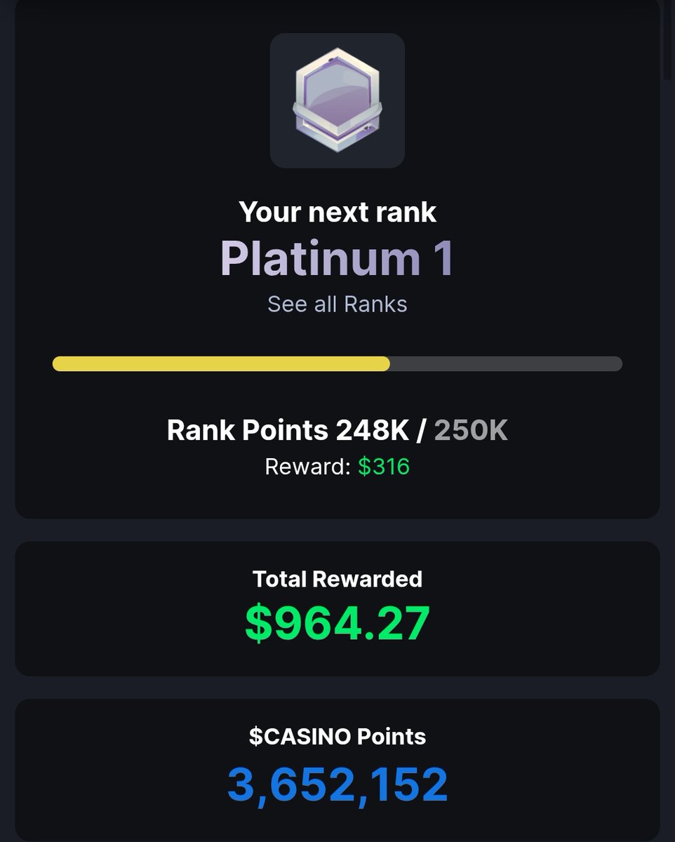 What's your rank on metawin.com?

Need 2k points to reach Platinum.

Weekly Rewards doubled this week.

Each Wager will give you $CASINO points.

Drop your rank below 👇