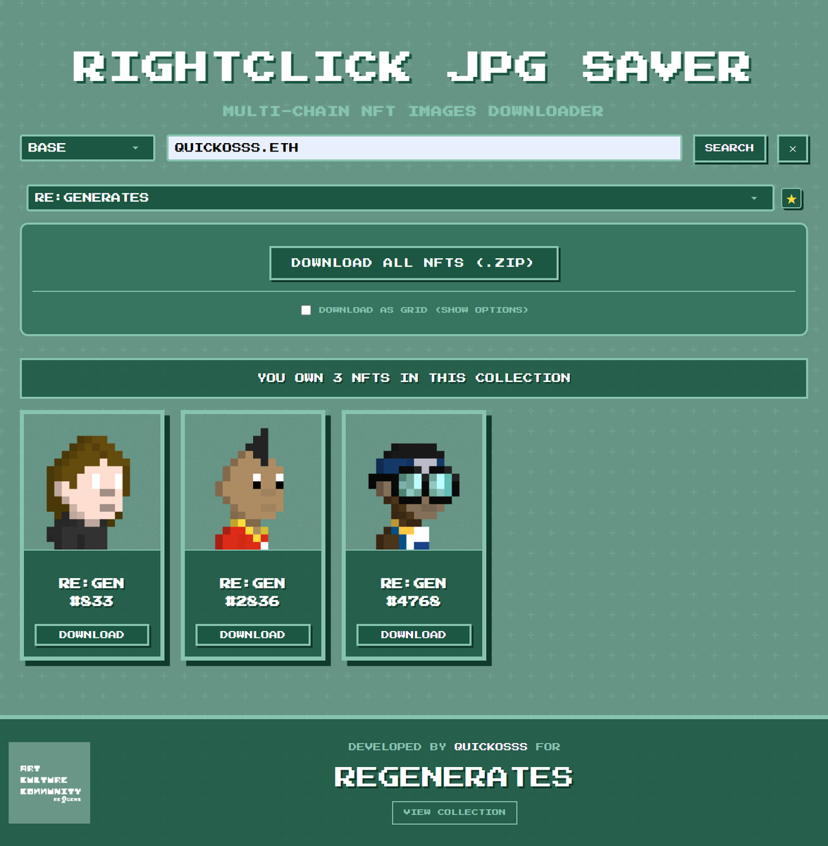 0x_Quickosss's tweet image. The RightClickJPG 📸 tool has been upgraded, allowing for more refined searches, even for older collections or whale wallets 🐳
Its features remain the same:
✅ Find all your Jpegs in 1 click
✅ Download the Jpegs of each unique NFT
✅ Easily create an image grid with NFTs from…