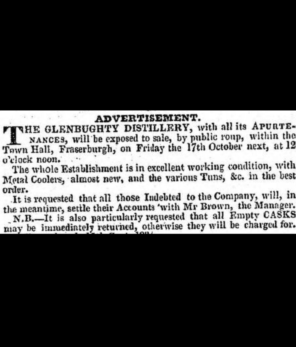 #OnThisDay
17th October 1836
Glenbughty (Phingask) distillery, Aberdeenshire, is exposed for sale at Fraserburgh Town Hall and is purchased by Craigen Brebner and Co. 
#WhiskyHistory