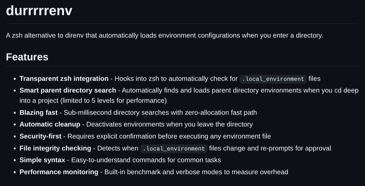 i2cjak's tweet image. I hated using direnv and it DOESN'T freaking work with zsh. so here is durrrrrenv written in RUST blazingly FAST works GREAT available here...