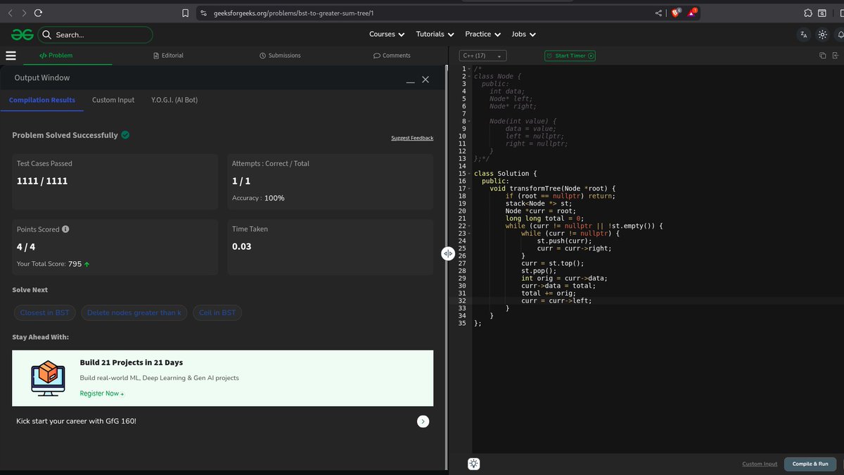 SaurabhKokate20's tweet image. ⚡ Day 203 of Problem Solving ✅
Beyond 200 — it’s not about the numbers anymore.
It’s about growth, grit, and showing up daily. 🚀🔥
#GeekStreak2025 @geeksforgeeks
#DSA #ProblemSolving #100DaysOfCode #CodingJourney #DeveloperLife #TechTwitter #BuildInPublic