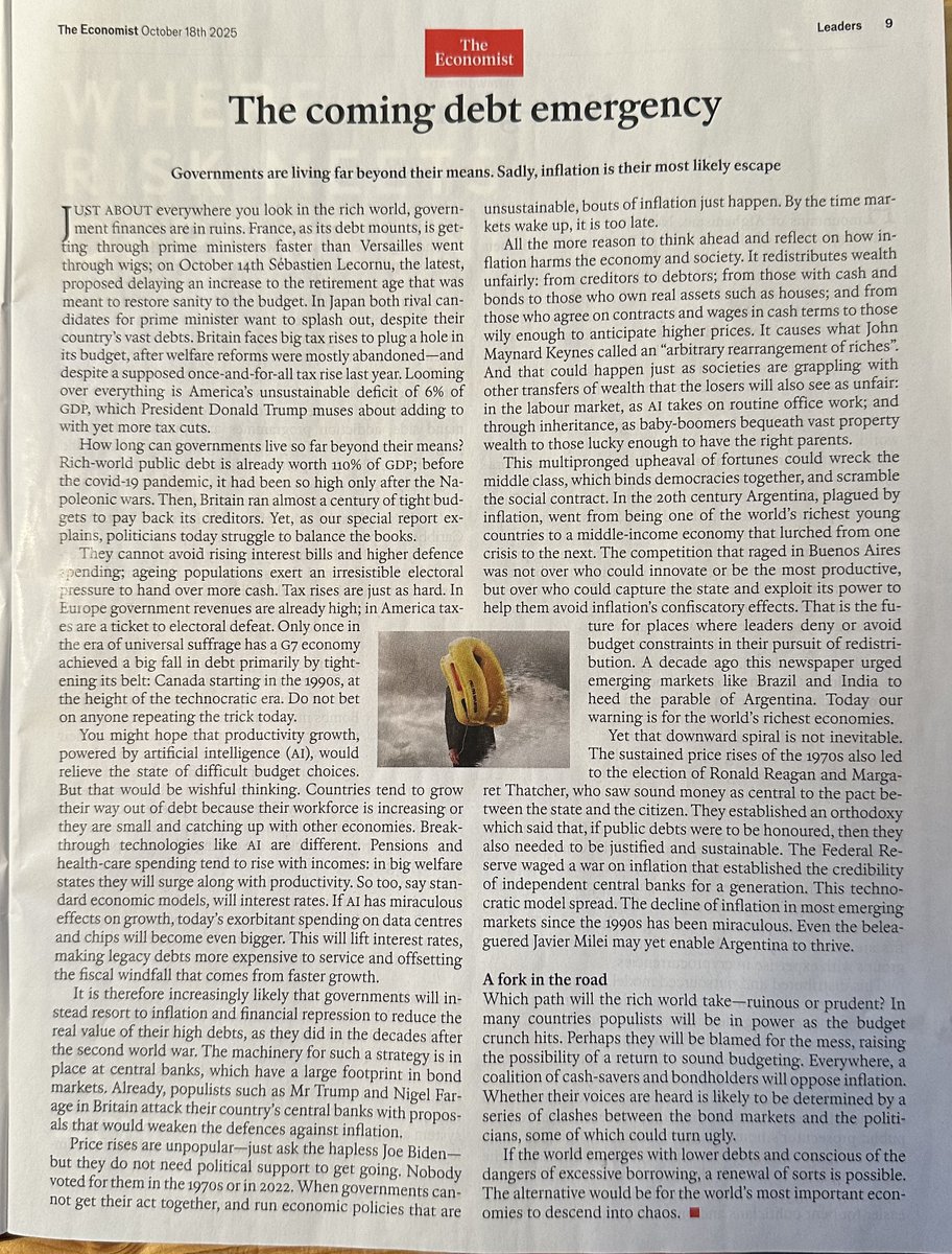 Der Economist geht jetzt unter die fiscal Hardliner. Schulden ohne Wachstum ➡️ Inflation is coming.