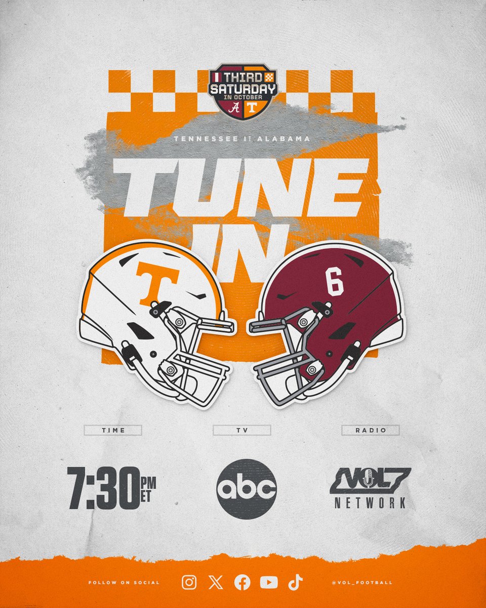 TUNE IN INFO

🏈 vs. #6 Alabama
🕐 7:30 pm ET

📺 ABC
📲 1tn.co/4q6WOmq
📻 <a href="/VolNetwork/">Vol Network</a>
🎧 1tn.co/3Wb3MsY
📊 1tn.co/47i18qw

#GBO
