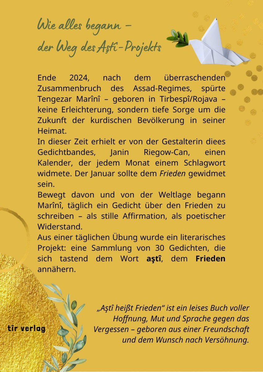 TirVerlag's tweet photo. NEUERSCHEINUNG im https://t.co/bMtEpcKO0j
Friedensgedichte von Tengezar Marînî
Kurdisch-Deutsch https://t.co/qDXwX3KxDR