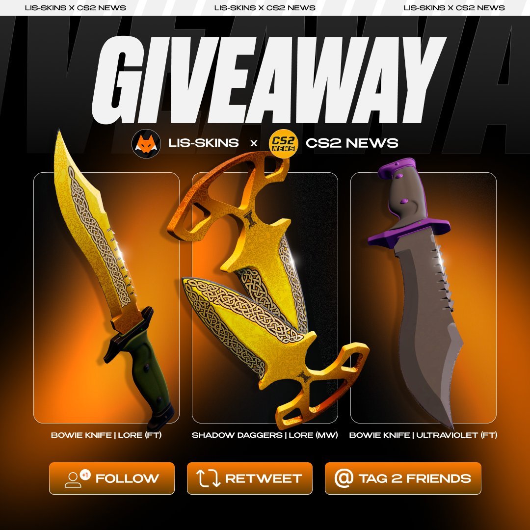 CS2News_EN's tweet image. ⚡️3x Knife Giveaway with LIS-SKINS! ⚡️
BOWIE KNIFE | LORE (FT)
SHADOW DAGGERS | LORE (MW)
BOWIE KNIFE | ULTRAVIOLET (FT)
3 lucky winners will be chosen among those who:
🔸 Follow @lisskins & @CS2News_EN
🔸 Like & RT this post
🔸 Tag 2 friends 👇
Winners will be picked in 7…