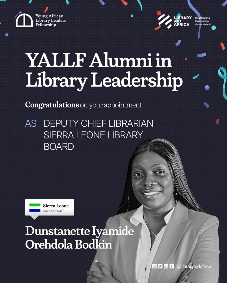 We are excited to celebrate Dunstanette, on her appointment as the Deputy Chief Librarian at the Sierra Leone Library Board!

Her story reflects how young African library leaders are driving innovation across the continent

Read more 👉 bit.ly/YAILLSL
#YALLF 

<a href="/UN_Women/">UN Women</a>
