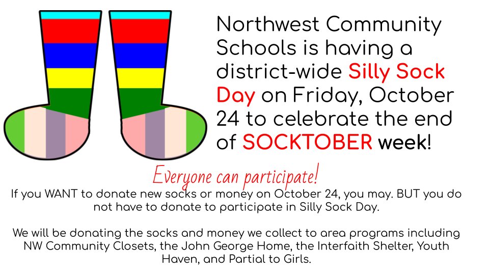 NWCS will be collecting new socks of all sizes in every building from Oct. 20–24. Donations can be dropped off at the front office of any building in the district. 

To wrap up the week, we’ll celebrate with a District-Wide Silly Sock Day on Oct. 24! #nwschools