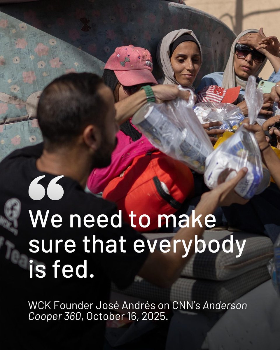 “We need to make sure that everybody is fed.” — WCK Founder <a href="/chefjoseandres/">Chef José Andrés 🕊️🥘🍳</a>
José spoke with <a href="/CNN/">CNN</a>'s <a href="/AC360/">Anderson Cooper 360°</a> about the dire humanitarian crisis in Gaza and the urgency of getting more food and aid to families in need. WCK teams are scaling to cook 1 million meals daily—but much more