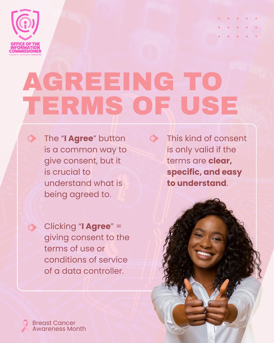 theoicjm's tweet image. Consent under the Data Protection Act must be clear, informed, and freely given. It should not be forced or hidden in vague terms. 

Data subjects also have the right to withdraw consent at any time. 

Protect your choice, protect your data! 

#dataprotection #cybersecuritymonth