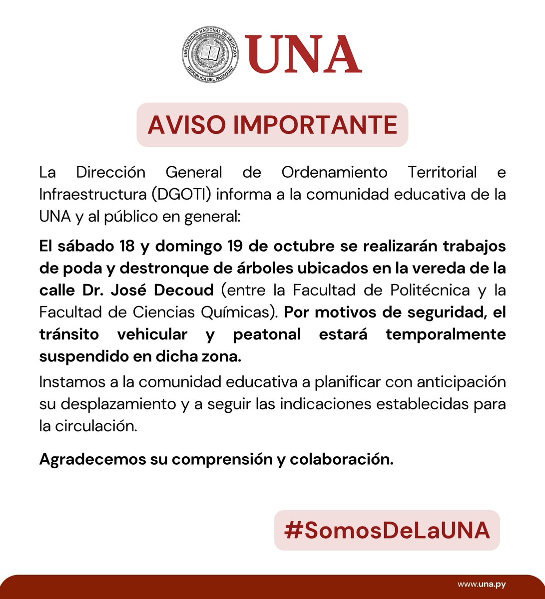una_py's tweet image. ⚠️ AVISO IMPORTANTE sobre trabajos de poda y destronque sobre la calle Dr. José Decoud | 18 y 19 de octubre.
#SomosDeLaUNA