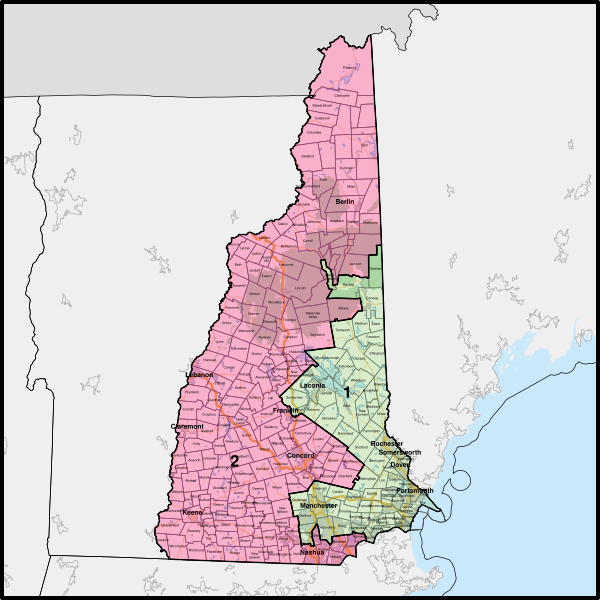 jonathanborows2's tweet photo. @DC_Draino Here is the New Hampshire map, via Wikipedia. Note that the blue cities are both in the 1st district, ie the map is gerrymandered *in favor* of the GOP. However, a Democrat still wins the second district. Why? Because the GOP ran an extremist who WASN'T EVEN FROM NEW HAMPSHIRE! https://t.co/evdB2zheKi