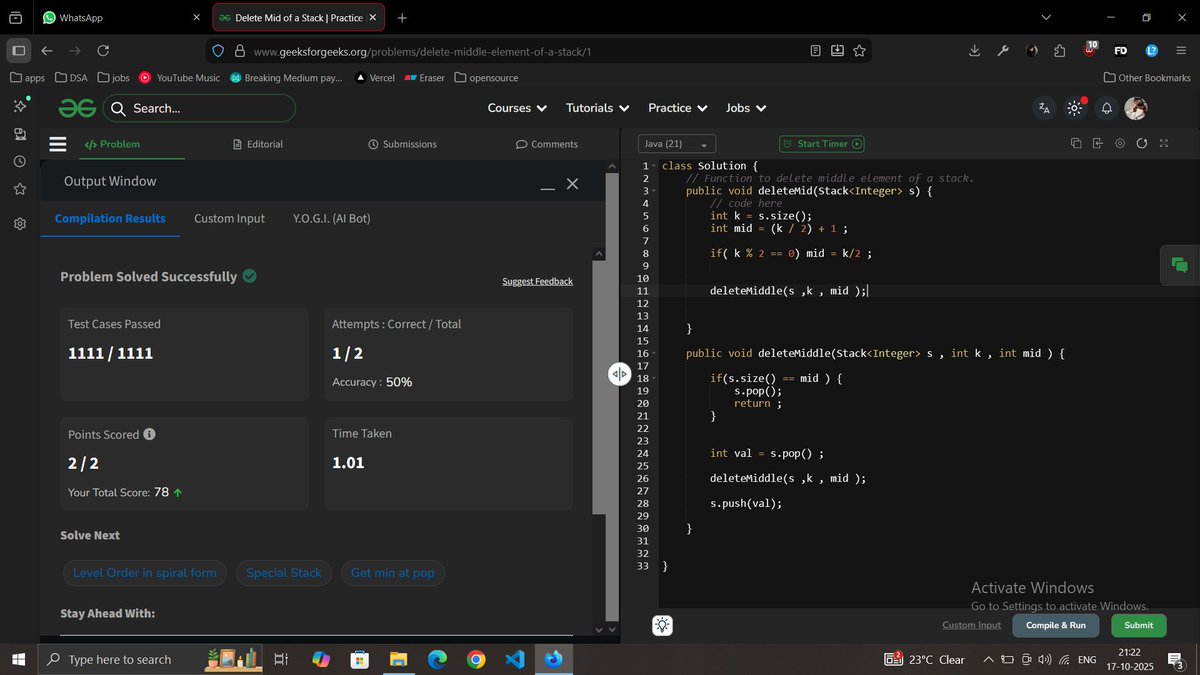 janvi_0x's tweet image. Today’s Progress Update
• Working with tags in project
• Solved “Delete the Middle Element in Stack”
• Brainstorming on “Add Two Numbers”
#100DaysOfCode #DSA #CodingJourney #WebDevelopment #Python #Java #ProgrammerLife