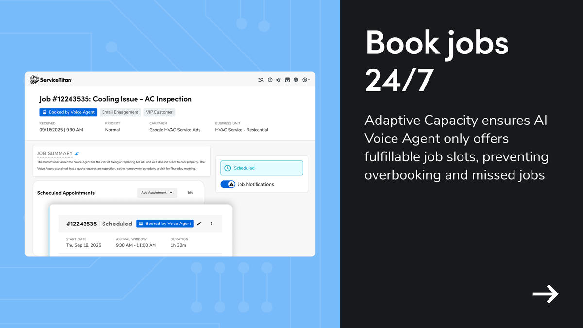 ServiceTitan's tweet image. The future of customer service is here and it has no hold music. No transfers. No waiting. Just one smart call with our new AI Voice Agent.
Claim your 50 free calls: servicetitan.info/4nXwCJA

#ServiceTitan #SkilledTrades
