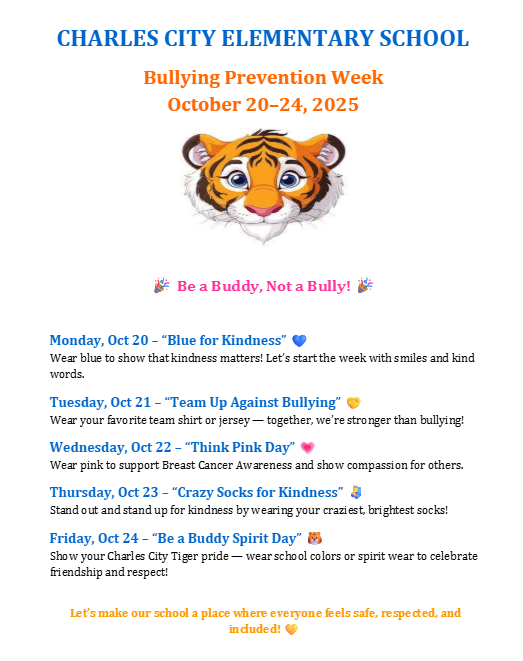 CharlesCityPS's tweet photo. πΎ CCES Tigers, get ready for Bullying Prevention Spirit Week Oct. 20β24!
π Each day celebrates kindness, teamwork & friendship. π On Oct. 22, join our Division-Wide Pink Out Day to support Breast Cancer Awareness! πͺ
#EducateEngageEmpower #CCPSVA #PinkOutVA https://t.co/Q6dLFQjF7f