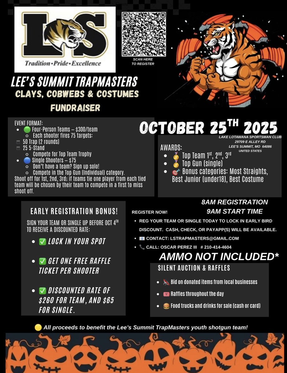 LSHSTrapMasters's tweet photo. 📣 Join Us October 25th!
The Lee's Summit TrapMasters are hosting our Clays, Cobwebs &amp; Costumes Fundraiser at Lake Lotawana Sportsman Club! Scan QR code to sign up your team or compete as a single. Food, silent auction, and raffles! 
#lshstrapmasters #fundraiser https://t.co/TzL4CNv9SQ