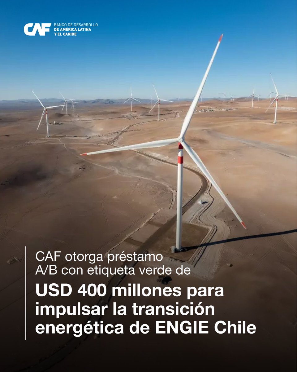 AgendaCAF's tweet photo. CAF impulsa la transición energética de Chile 🇨🇱

Otorgamos un préstamo A/B con etiqueta verde por USD 400 millones a @ENGIEChile destinado a acelerar su plan de inversiones en proyectos solares, eólicos y de almacenamiento de energía. 

Esta operación, que moviliza recursos internacionales por USD 150 millones con la participación de @bbva, CACIB y SMBC, fortalecerá la descarbonización del sistema eléctrico chileno y el cumplimiento de los objetivos climáticos regionales. 🌎

🔗 Lee la noticia completa: https://t.co/dtYDrAZJfy